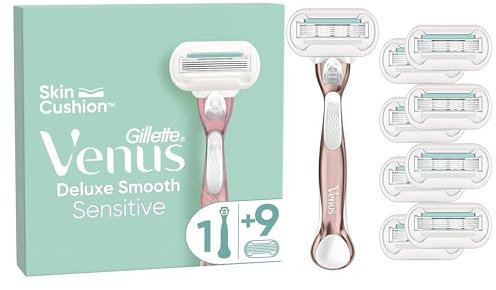 Gillette Venus Rasoir Pour Femmes Aux Peaux Sensibles Pro Smooth Sensitive, Manche Réutilisable, 9 Cartouches De Recharge A 5 Lames, Bande Lubrifiante Pour Protéger Contre L’Irritation Au Rasage