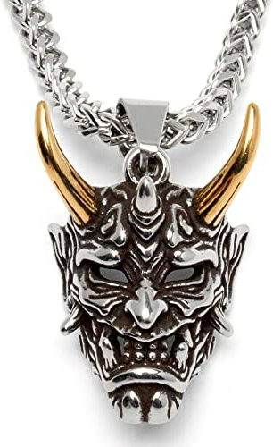 Japanischer Oni als Anhänger mit Halskette aus 316L Edelstahl silber Dämon Maske Teufel mit goldenen Hörner Männer-Schmuck Geschenk (Silber & Gold)