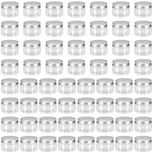 FUNSUEI 60 PCS 30ml Plastic Cream Containers with Screw Aluminum Lids, 1oz Wide Mouth Plastic Jars, Small Storage Jars for Make Up, Cream, Glitter, Spice