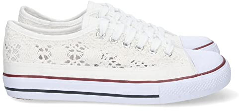 shoes&blues.es 73378-Zapatilla Plana para Mujer, Comoda, Estilo Bamba, con Material Bordado y Calado, Transpirable, y Cierre de Cordones. Talla 36 Blanco