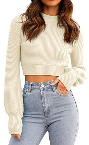GeGekoko Womens Jumpers Sweatshirt Sexy Crew Neck Cropped Sweaters Ribbed Knit Long Sleeve Crop Tops Pullover Beige