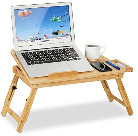 Relaxdays Laptoptisch für Couch, Bambus, klappbar, höhenverstellbar, neigbare Tischplatte, Schublade, Betttisch, natur