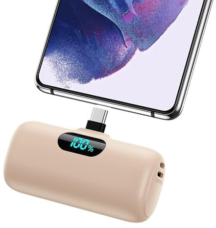Feob Mini Power Bank, 5000mAh USB C Cargador Portátil 15W PD Carga Rapida Batería Externa Compacto Powerbank con Pantalla LCD Compatible con iPhone 16/15 Pro Samsung USB C Teléfonos etc-Naranja Claro
