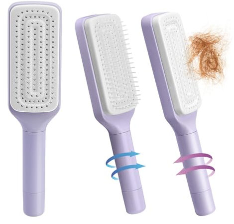 Selbstreinigende Haarbürste, Ein-Klick-Reinigungskamm, Haarbürsten für Frauen, Luftmassagekämme, drehbarer Teleskopkamm, leicht kämmen und reinigen, für alle Haartypen geeignet (Lila)