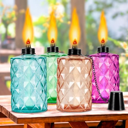 Glass Table Top Torch, Outdoor Torch Canisters 12 oz,Refill Canister with Wicks and Covers, Patio Torch for Luau Party, DIY Garden Decor (4 Packs) (Multi-Color)