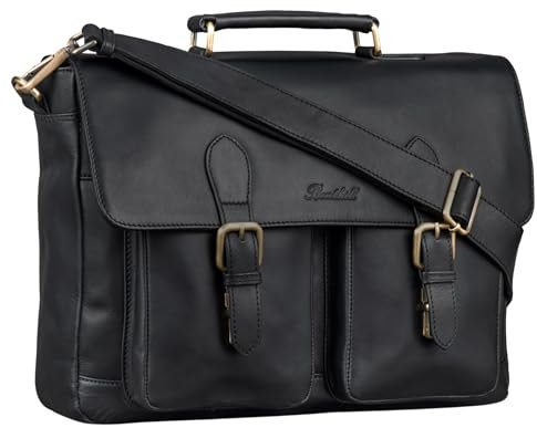 Benthill Aktentasche Leder Laptoptasche - Ledertasche für Damen und Herren Gross - Briefcase - Umhängetasche aus echtem Leder - Große Schultertasche für Laptop, Farbe:Schwarz