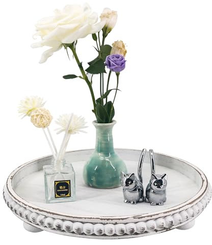 GMFrames Round Decorative Tray Coffee Table Tray with Wood Beaded,Rustic Centerpiece Serving Tray for Farmhouse Kitchen Decor,Bathroom Organizer White