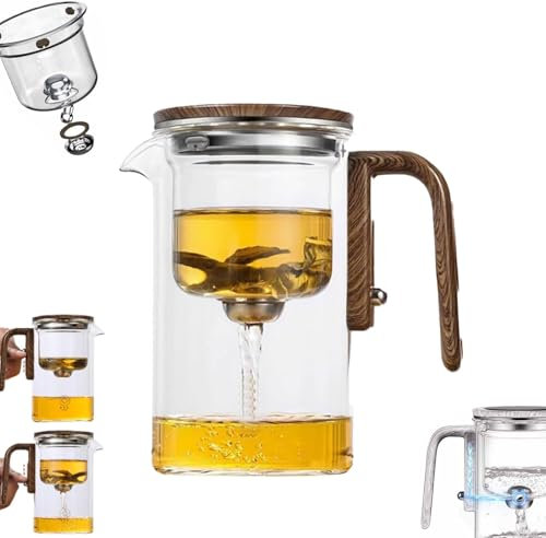 Enchantipot - Teiera magica, separazione dell'acqua, teiera in vetro con manico in legno, teiera in vetro con controllo a pressione, filtrazione separazione del tè, teiera con filtro magnetico con