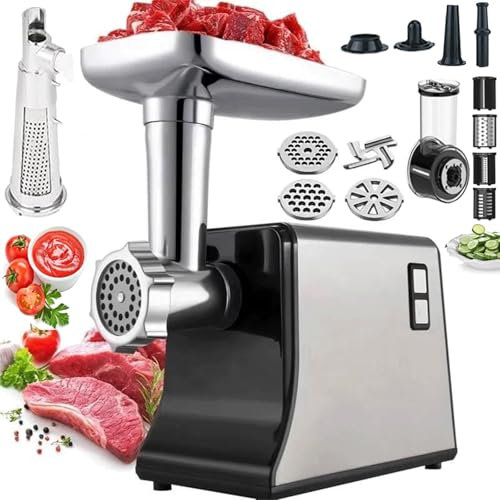 SUCRFXJ Tritacarne Elettrico e tritaverdure, grattugia for Formaggio Multifunzionale e tritacarne, insaccatrice for Salsicce, affettatrice for Verdure, grattugia for Insalata for Uso Domestico