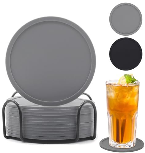 Untersetzer Gläser, 12er Set Silikon Glasuntersetzer rutschfest und Isoliert Glas Untersetzer-Set, Rund Glasuntersetzer Grau mit Halter, für Getränke, Bar, Tassen, Glas – Tischuntersetzer