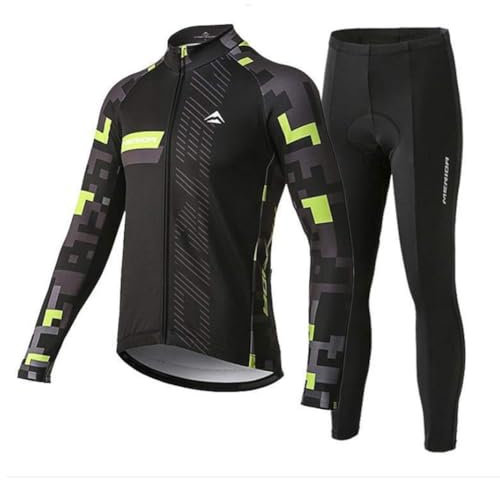 VeloZenith Herren Thermo Fahrradtrikot Set Winter Thermo Fahrrad Jacke + Hose Set wasserdicht Winddicht Atmungsaktiv Fahrradhose Lang mit 3D Sitzpolster für Outdoor Radfahren(Grün, XL)
