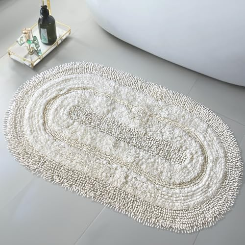 Bonny Home Creme Oval XXL Badematte – Extra Große Baumwoll-Badematte |80x150 Badezimmerteppich, Badteppich | Weiche Bad- und Duschvorleger | Für Bad, Dusche und Toilette, Maschinenwaschbar