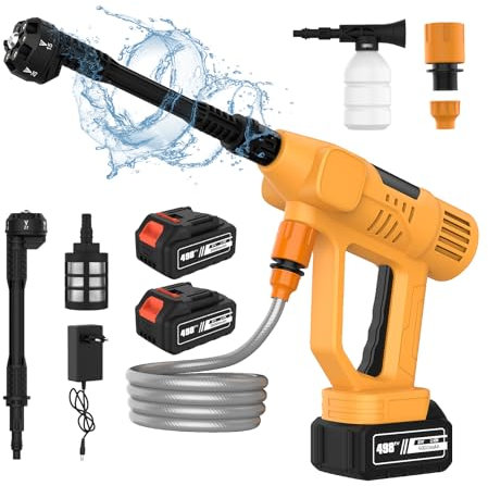 Hidrolimpiadora Bateria, 65 Bar Pistola de Agua a Presión con 2 x 6000mAh Baterías, Boquilla 6 en 1, 10 Niveles de Presión, Manguera 5M, Pantalla Táctil LED, Hidrolimpiadora Portátil para Coche/Jardín