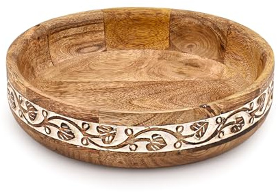 Indus Lifespace Frutero de madera de mango para encimera de cocina, cuencos de frutas para decoración de granja, cuenco tallado para decoración, cuenco de centro de mesa (10 x 10 x 2.5 pulgadas)
