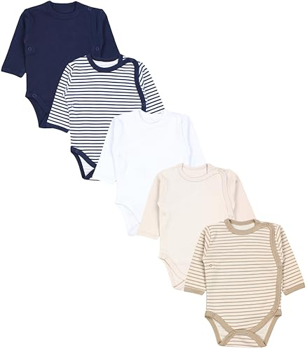 TupTam Baby Body Langarm – Wickelbody Langarm im 5er Pack aus Baumwolle für Mädchen und Jungen, Farbe: Streifen Hellbeige Dunkelblau, Größe: 74