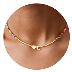 TINGN Geschenk Mädchen 10 11 12 Jahre - Bunte Perlenkette mit Buchstaben L Damen Kinderkette Gold Herz Anhänger Kette für Kinder Frauen Bunte Perlenkette Damen Geschenke für Mädchen 6 7 8 9 Jahre