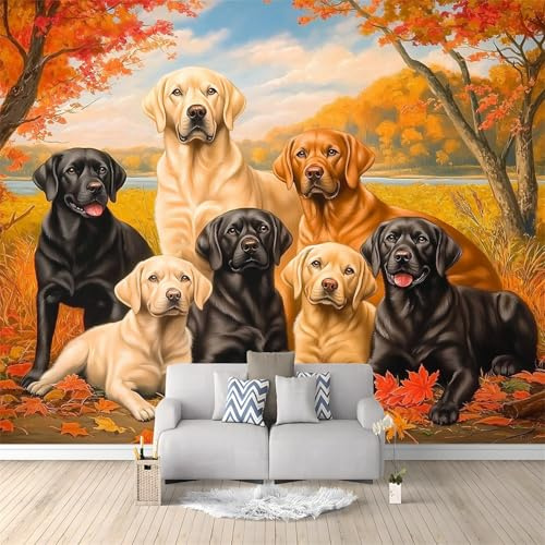 IHFMPFKJ Wallpaper Animals Puppy Fallen Leaves 400 x 280 cm 3D Wall Mural Non-Woven Premium Art Print Fleece Wall Mural Decoration Poster Picture Design Modern for Living Room Kids Bedroom Orange Col