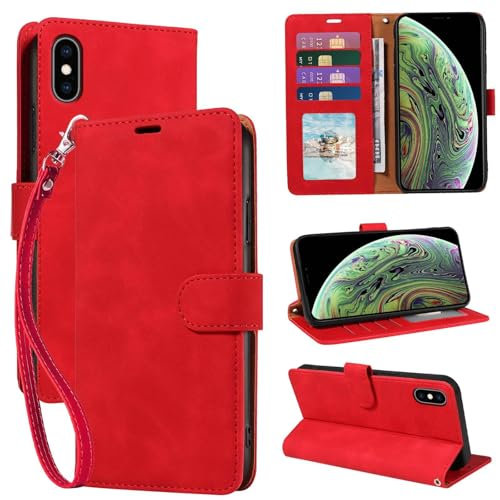 GOTOURED for iPhone X/XS Case Wallet, for iPhone 10 Case, [RFID Blocking 3 Card Slots] [Wrist Strap] [Kickstand] [Magnetic Closure] Shockproof Protective Leather Flip Cover (Red)