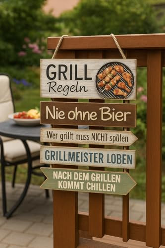 KAMACA Grillregeln Schild 60x32 cm Vintage Deko-Schild aus Holz mit Juteband zum Aufhängen Humorvolle BBQ-Dekoration für Garten, Terrasse, Balkon und Outdoor-Küche Grill-Deko (Holzschild Grillen)