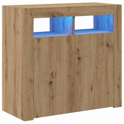 ACAGALA Sideboard mit LED-Beleuchtung, Aufbewahrungsschrank mit USB-Anschluss und LED-Licht, Kommode Anrichte Schrank für Schlafzimmer & Wohnzimmer, Vitrine | 80 x 35 x 75 cm | Eiche handwerklich