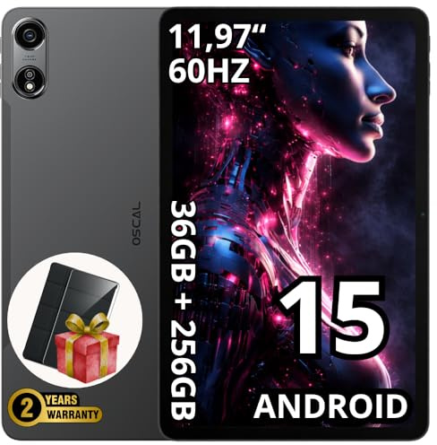 OSCAL Tab Pad 100 | 12″ 2K IPS 60Hz Display | 36 GB RAM + 256 GB (2 TB) | Cámara 16 + 8MP | Batería 9000 mAh + Carga Rápida 18 W | Anroid 15 | LTE | GPS | Dual SIM | 2 años de garantía | Gris Espacio