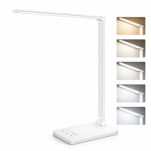 PRIME ESSENTIALS® Lámpara LED Escritorio 5 Funciones en 1 | Flexo de Escritorio con Luz Nocturna I Lámpara de escritorio táctil I 5 Modos de Luz I 10 Niveles de Brillo I Puerto USB I Color Plata.