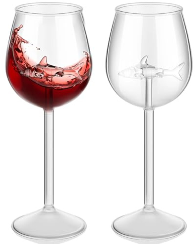 SWEWARM 2 copas de vino de tiburón, copas de vino de cristal sin plomo de 10 onzas con figura de tiburón interior, juego de copas de tallo largo para aniversario, cumpleaños, copas de beber únicas