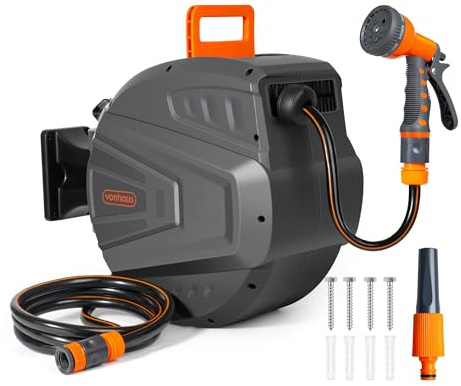 VonHaus Hose Reel 20m - Wall Mounted Hose Reel for Garden, Retractable, Auto Lock and Auto Rewind, Includes Wall Fixings and 9 Function Spray Gun, 180° Pivot Swivelling, Long Reach, Outdoor Watering