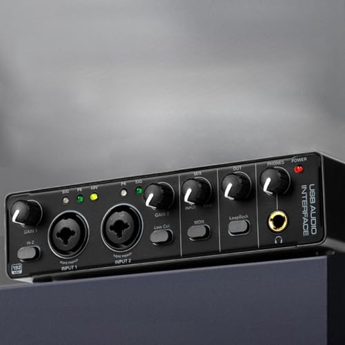 Vroomoto USB-Audioschnittstelle, Soundkarte, RHM, 2 Eingänge, 2 Ausgänge, Audiomischer und Mikrofonvorverstärker für Professionelle Aufnahmen, XLR/TSR/TS-Anschlüsse, Gitarrist, Sä