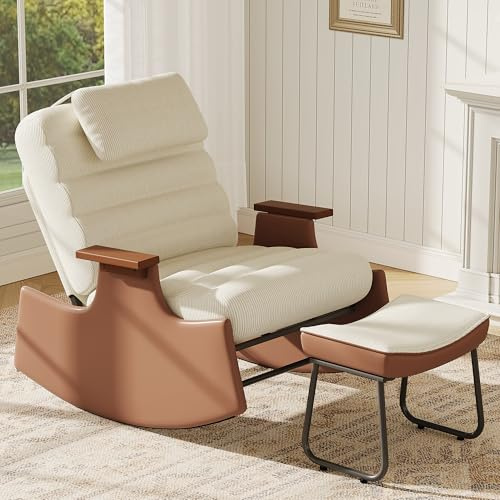 Schaukelstuhl mit Fußstütze, Relaxstuhl Sessel Wohnzimmer mit Eisener Armlehner und Verstellbarer Rückenlehne, Schaukelsessel mit Fußstütze, Stillsessel für Schlafzimmer, Hof, Terrasse (Beige-A)