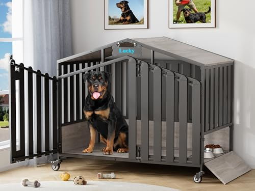 AMLANCHER 122cm XXL Große Hundekäfig Möbel, mit 360° Rollen und Namensschild, Holz Hundebox für Zuhause mit Futterklappe, 2 Türen, Dicke Stahlplatten, Kau-/Ausbruchsicher, 122x72x79cm, Eichengrau