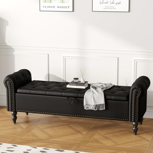 Ckaff Banc de Rangement 160cm, Banc Bout de Lit Coffre de Rangement, Repose-Pieds Pouf avec Espace de Rangement en Similicuir pour Chambre à Coucher Salon Couloir Entrée, Noir