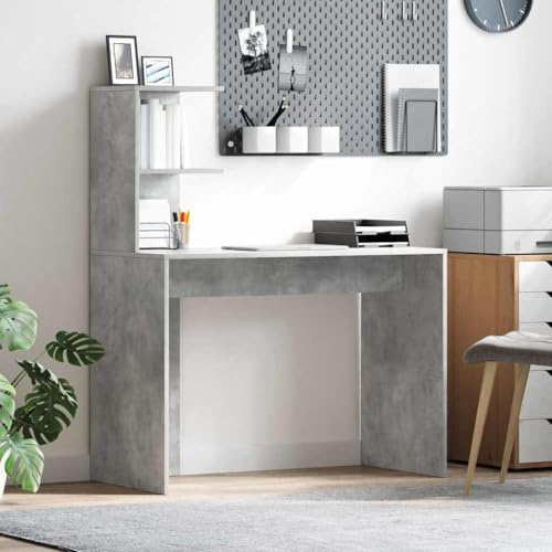 FMPGJLYH Schreibtisch in Beton Grau 102 x 50 x 124 cm, Computertisch aus Holzwerkstoff mit Regalfächern für Home-Office