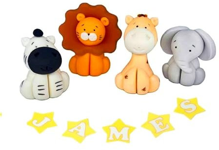 SugArt - Edible Cake Toppers - Icing Cake Decoration - Fondant Animals: Lion Giraffe Zebra Elephant - Kids Birthday Cupcake Decoration Comes with an Edible Glue - 4 Pcs