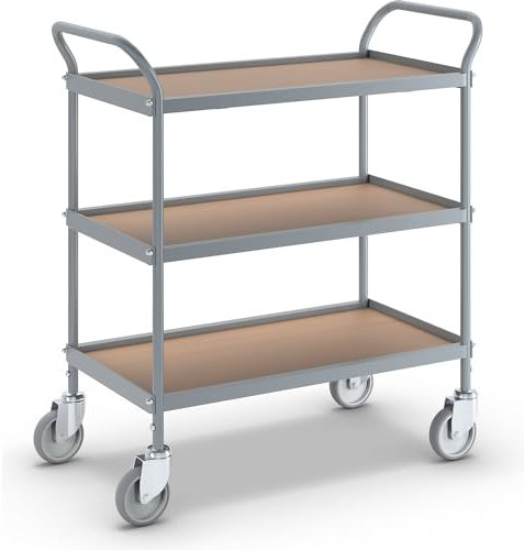 eurokraft | Servierwagen | Etagenhöhe 250 mm | 3 Etagen | mit 4 Lenkrollen | Rad-Ø 100 mm
