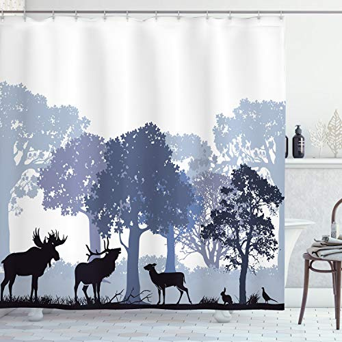 ABAKUHAUS Elch Duschvorhang, Grau Wild Forest Tiere, Stoffliches Gewebe Badezimmerdekorationsset mit Haken, 175 x 180 cm, Schwarz Weiß Grau