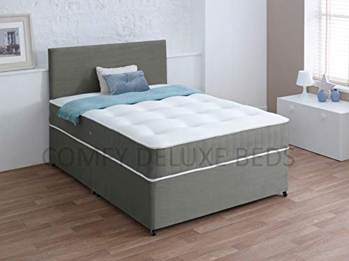 Comfy Deluxe LTD LUXURY SUEDE DIVAN 2FT6 SMALL SINGLE BED SET WITH MATTRESS - HEADBOARD AND AVAILABLE STORAGE DRAWERS (2FT6 0 Drawer, GRAY SUEDE)