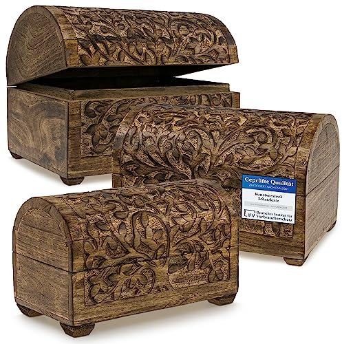 Kunstversteck 3 er Set Schatztruhen Baum des Lebens, massive Holz-Schatullen max. 28 x 20 x 19 cm