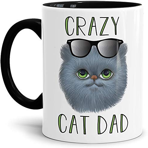 Tassendruck Katzen-Tasse mit Spruch Crazy Cat Dad - Cat/Tier/Geschenk-Idee/Fellnase/Innen & Henkel Schwarz