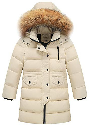 amropi Enfant Fille Parka Veste Manteau Longue Blouson Epaisse Manteau à Capuche Fourrure Chaud Hiver (Beige, 9-10 Ans)