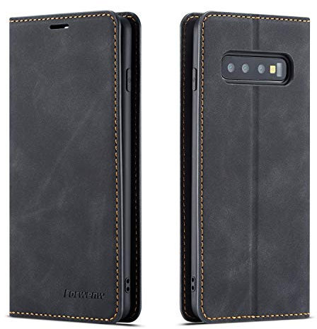 EYZUTAK Premium PU Leather Flip Folio Case for Samsung Galaxy S10, Protective Case with Kickstand Card Slot Cash Compartment Magnetic Closure Shockproof Wallet Cover - Black