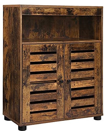 VASAGLE BBK44BX Bathroom Cabinet Storage Cabinet 4 Tier Rustic Chic Shelf 60 x 30 x 80 cm with Louver Doors, Compartments, Adjustable Board, Rustic Brown