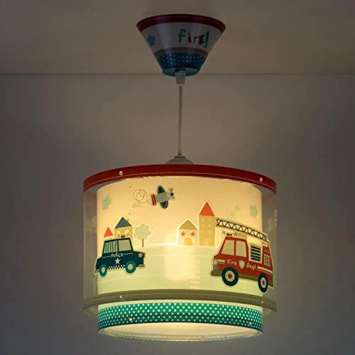 click-licht.de Ihr Lichtstudio Pendelleuchte für Kinderzimmer Jungen - Polizei/Feuerwehr, dimmbare fluoreszierende Kinderleuchte, blau/rot/mehrfarbig, Kunststoff, rund, 1-flammig