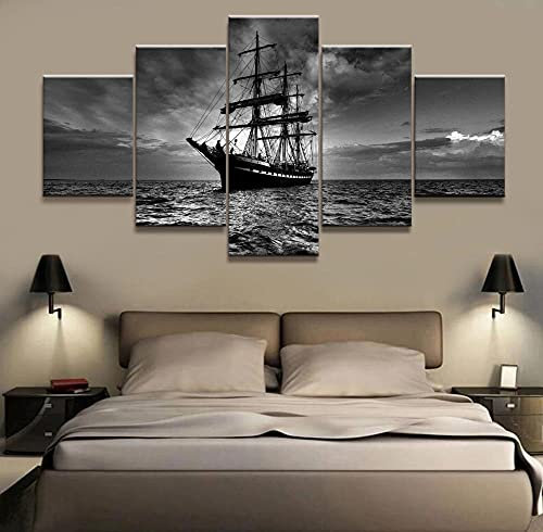 MPPSU Dark-Pirate-Ship-Poster Wanddekoration Wohnzimmer Leinwandbild Jugendzimmer Poster Set Modern 5 Teiliges Wandbild Bedroom Decor XXL Bilder Mit Rahmen 150 * 80cm