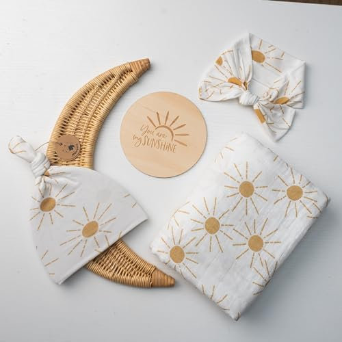 Miaoberry Juego de manta de muselina para bebé 100% algodón orgánico, rayos solares bohemios dorados, género neutro para niños y niñas, rayos solares amarillos, mostaza, naranja, recién nacido, unisex