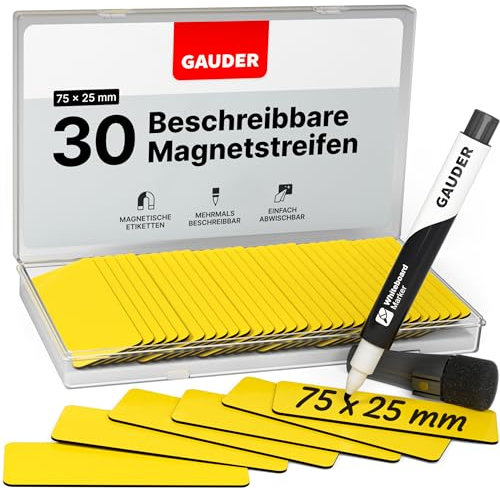 GAUDER Magnetetiketten beschreibbar - Wiederverwendbare Magnetschilder zum Beschriften für Whiteboard, Tafel, Kanban-Board und Kühlschrank - Magnetkarten mit Marker (30 Stück - 75 x 25 mm)