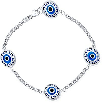 Bling Jewelry Türkisches Spirituelles Schutzamulett Mit Kettenverbindung Griechischem Motiv Und Blauem Bösen Blick-Charm-Armband Für Frauen Und Jugendliche Aus 925Er Sterlingsilber 7,5 Zoll