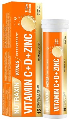 Nutraxin Vitamin C+D+Zinc 400IU - 15 Tablets, 15 Day Supply | Orange Flavour, Vitamin C+D+Zinc 400IU, Immune System Support, With Vitamin D, Effervescent, Vegan, Non-GMO