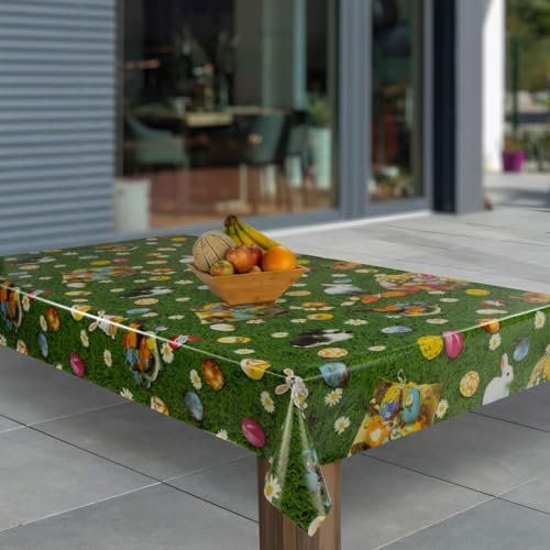 laro Wachstuch-Tischdecke Abwaschbar Wachstischdecke PVC Plastik-Tischdecken Eckig Meterware Abwischbar, Muster:Wiese Hase Eier Ostern, Größe:110x140