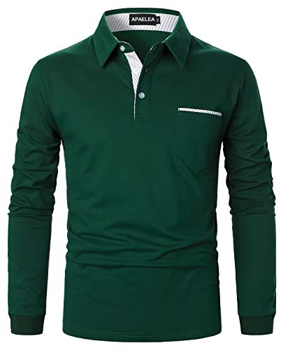APAELEA Men's Long Sleeve Polo Shirt Casual Rugby Shirts with Plaid Down Collar,Green,L